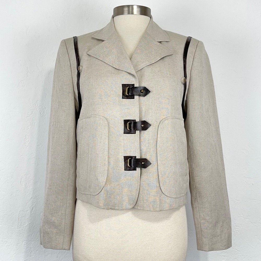 Women Equestrian Old Money Preppy Riding Jacket Size 8 Linen Blend Leather Strap